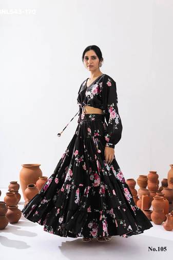 black crepe printed Lehenga set