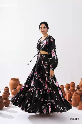 black crepe printed Lehenga set