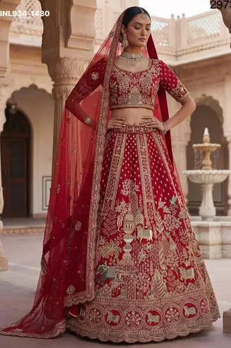 red silk blend embroidered Lehenga set