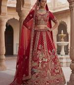 red silk blend embroidered Lehenga set