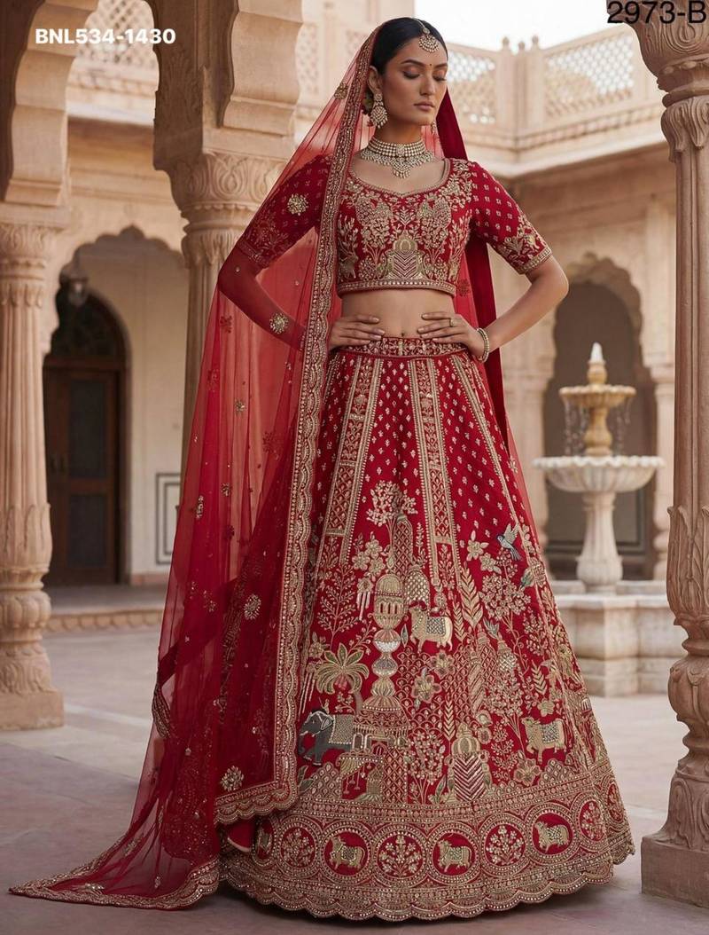 red silk blend embroidered Lehenga set