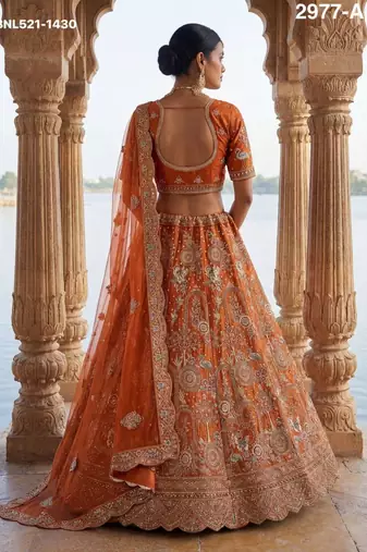 orange silk blend embroidered Lehenga set