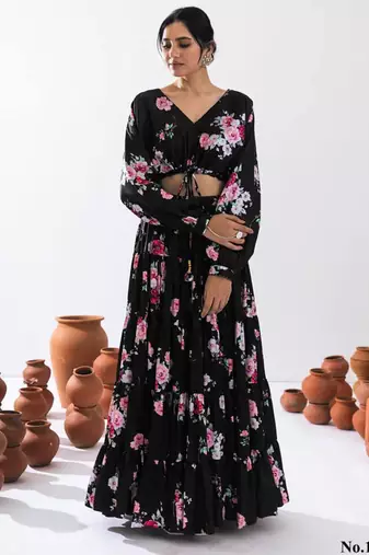black crepe printed Lehenga set