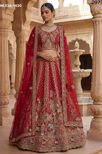 red silk blend embroidered Lehenga set