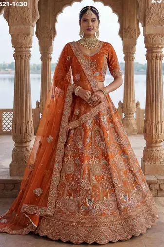 orange silk blend embroidered Lehenga set