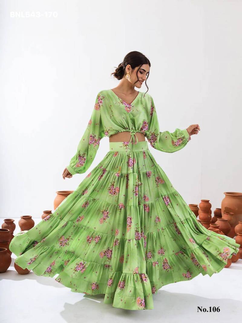 light green crepe printed Lehenga set