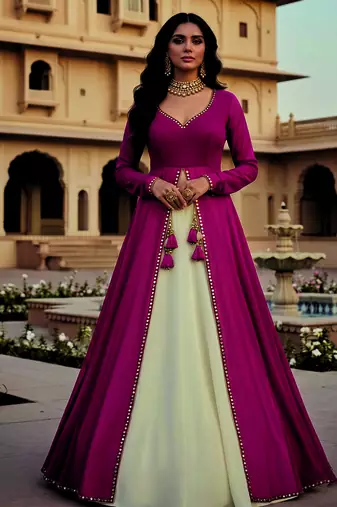 Rani pink and Ivory Long Anarkali Lehenga