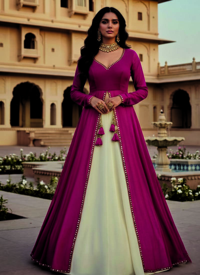 Rani pink and Ivory Long Anarkali Lehenga