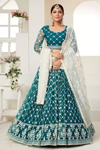 teal green net embroidered Lehenga set