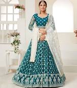 teal green net embroidered Lehenga set