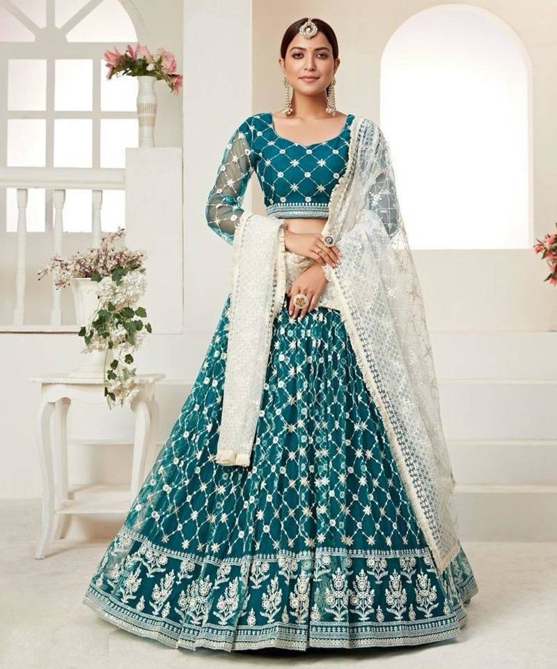 teal green net embroidered Lehenga set