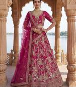 rani pink silk blend embroidered Lehenga set