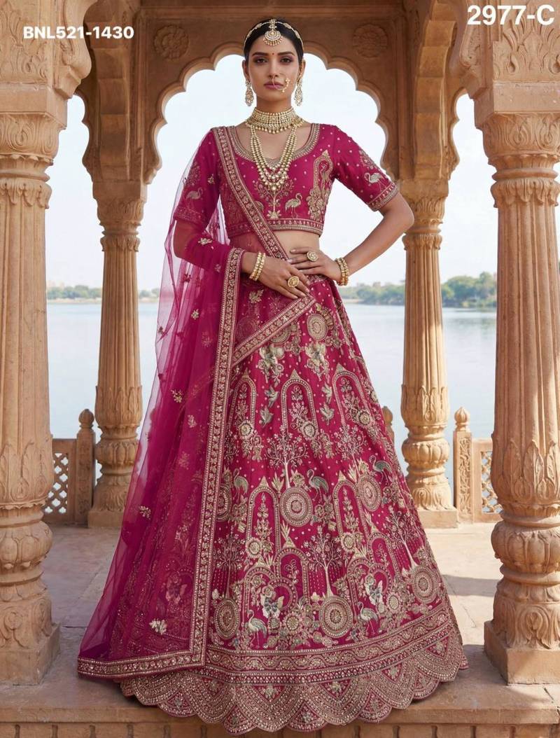 rani pink silk blend embroidered Lehenga set