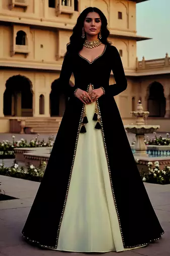 Black and Ivory Long Anarkali Lehenga