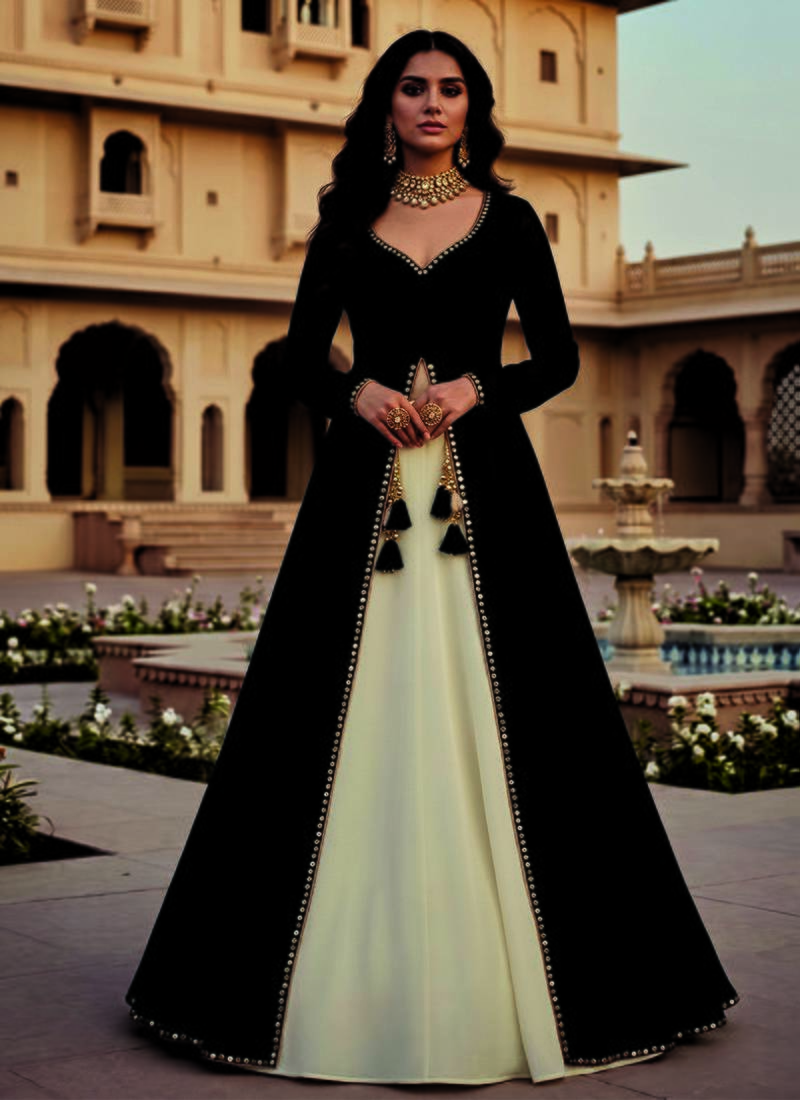 Black and Ivory Long Anarkali Lehenga