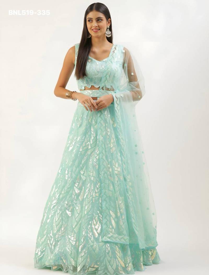 aqua blue net embroidered Lehenga set