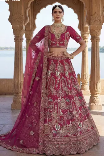 rani pink silk blend embroidered Lehenga set