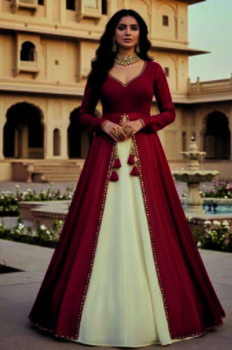 Red and Ivory Long Anarkali Lehenga