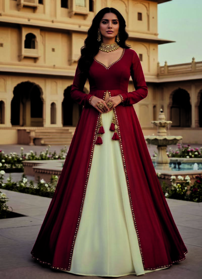 Red and Ivory Long Anarkali Lehenga