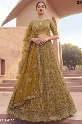 mustard net embroidered Lehenga set