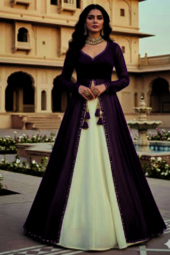 Dark plum and Ivory Long Anarkali Lehenga