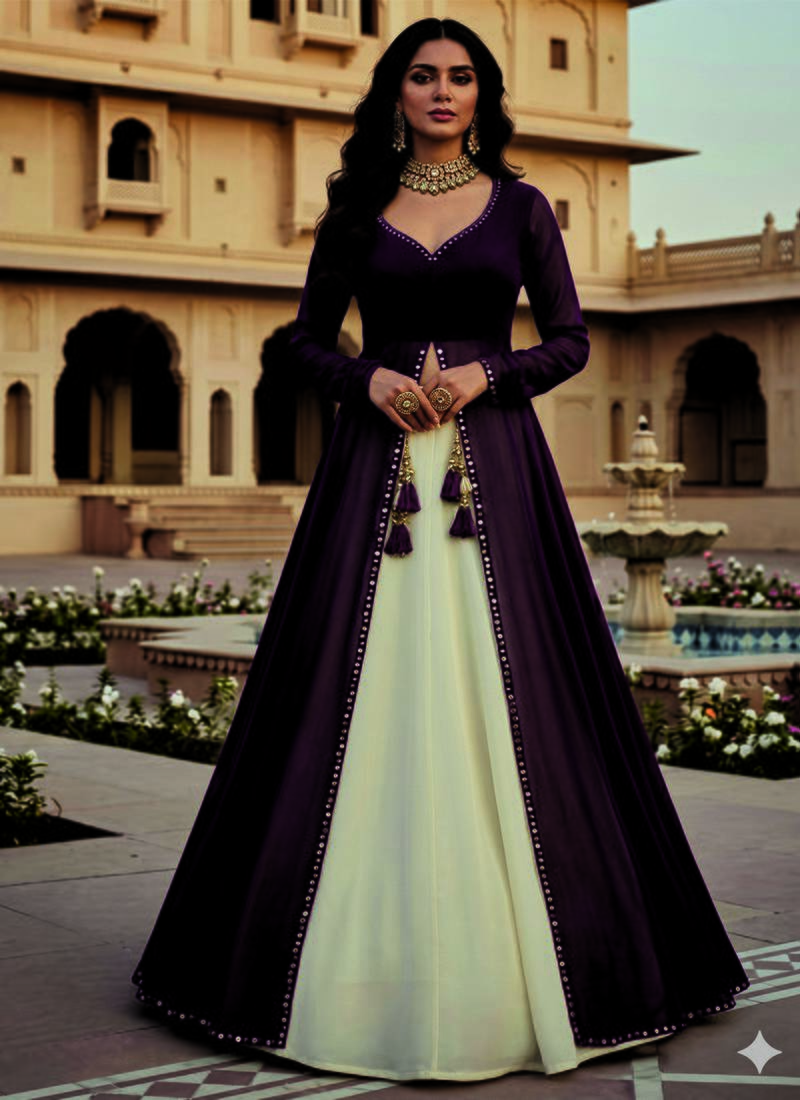 Dark plum and Ivory Long Anarkali Lehenga