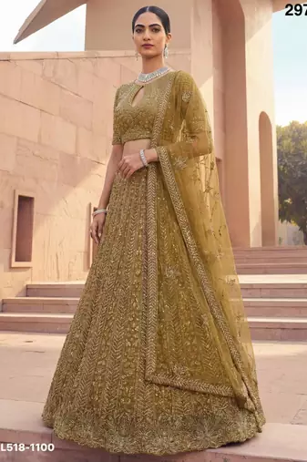 mustard net embroidered Lehenga set