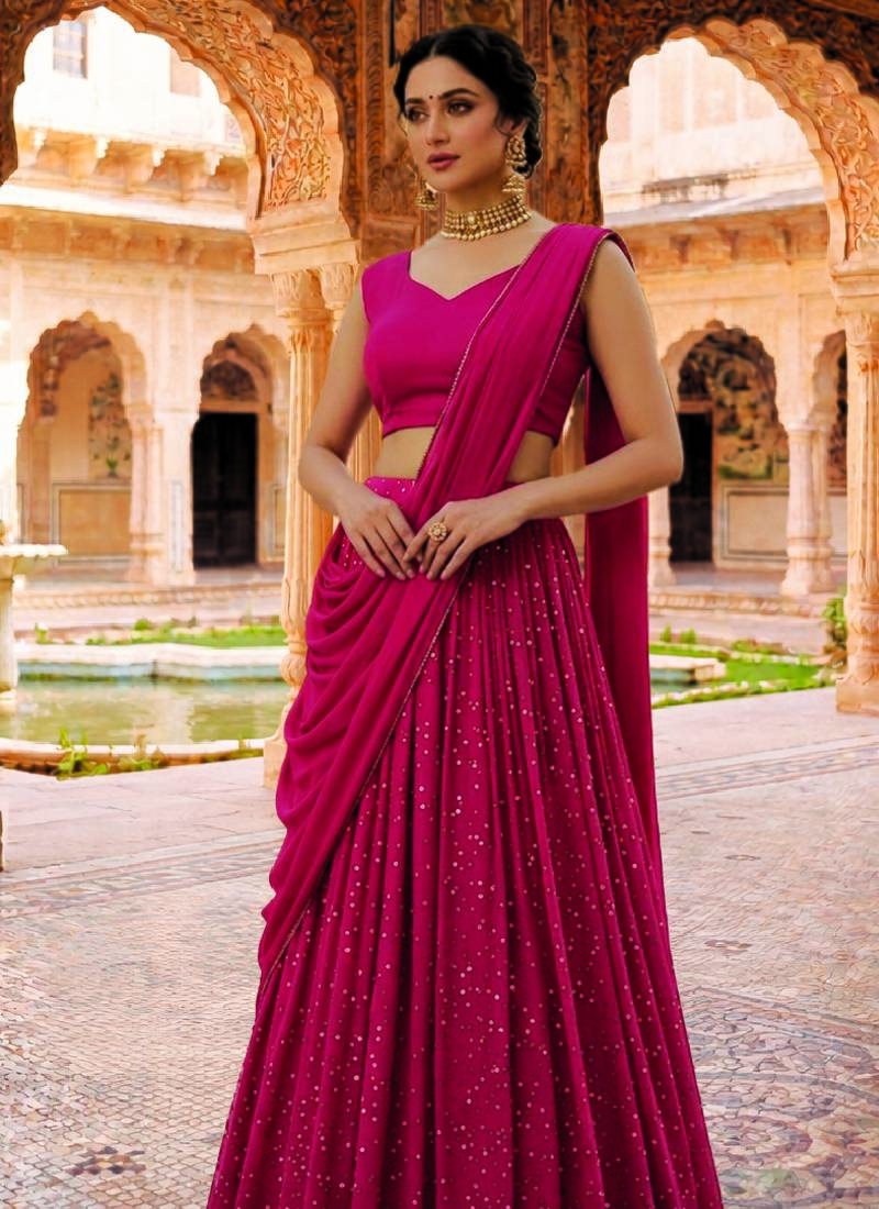Rani pink sequin Lehenga with choli and Dupatta