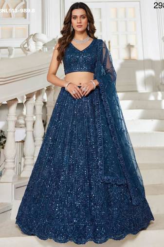 teal blue net embroidered Lehenga set
