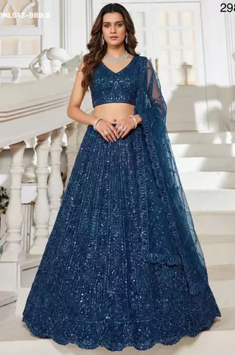teal blue net embroidered Lehenga set