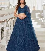 teal blue net embroidered Lehenga set