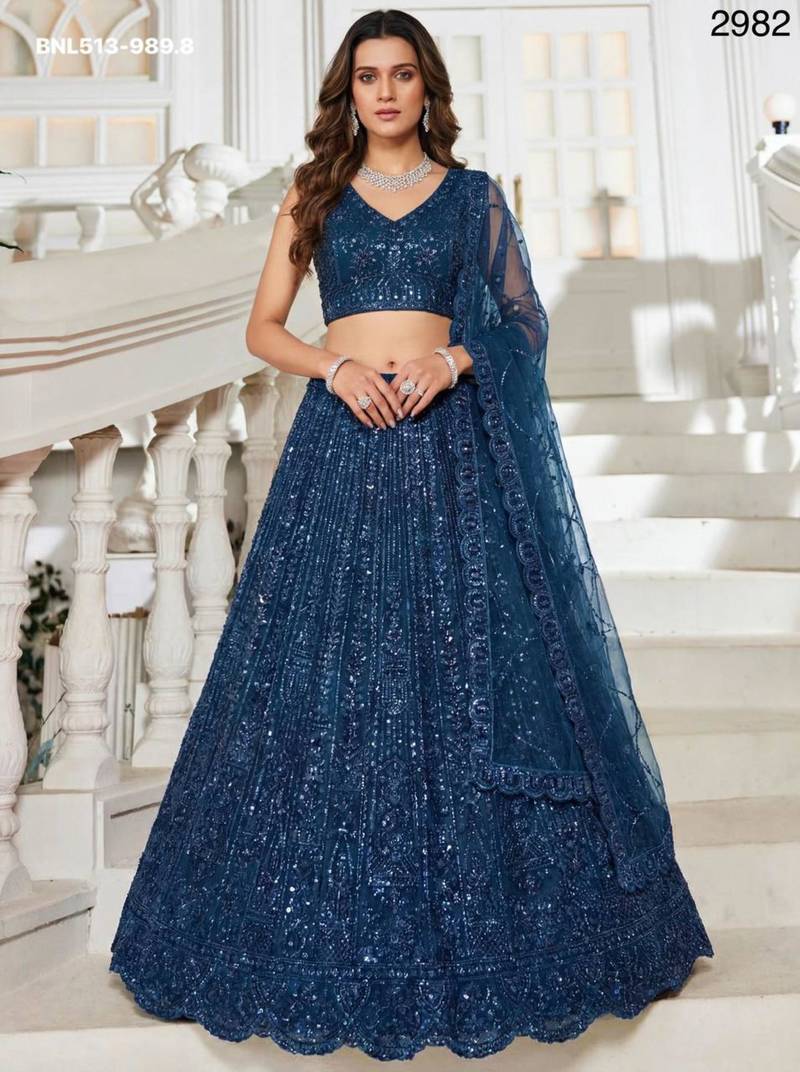 teal blue net embroidered Lehenga set