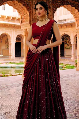 Dark red sequin Lehenga with choli and Dupatta