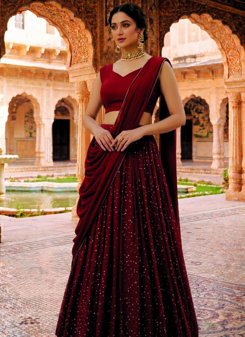 Dark red sequin Lehenga with choli and Dupatta