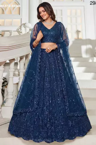 teal blue net embroidered Lehenga set