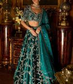 TURQUOISE SEQUINS & ZARI EMBROIDERED VELVET DESIGNER WEDDING PARTY WEAR FESTIVAL SEMI STITCHED LEHENGA CHOLI FOR WOMEN'S