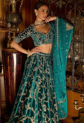 turquoise sequins zari embroidered velvet designer lehenga choli 2