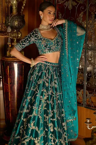 turquoise sequins zari embroidered velvet designer lehenga choli