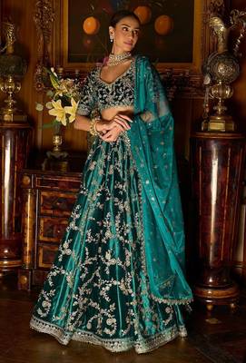 turquoise sequins zari embroidered velvet designer lehenga choli 3
