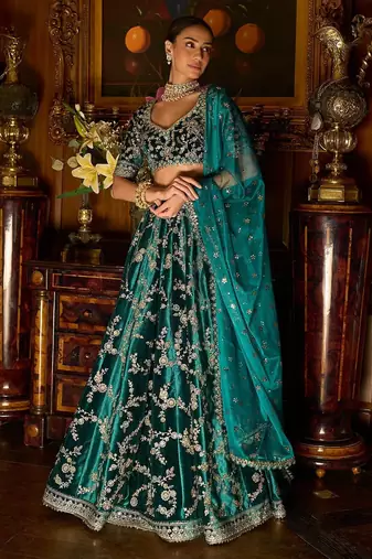 turquoise sequins zari embroidered velvet designer lehenga choli