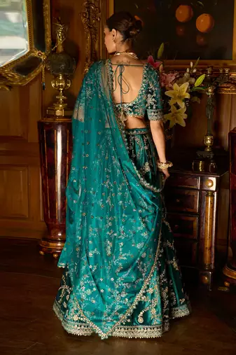 turquoise sequins zari embroidered velvet designer lehenga choli