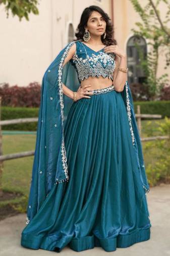 teal blue silk blend plain Lehenga set