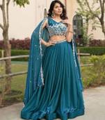 teal blue silk blend plain Lehenga set