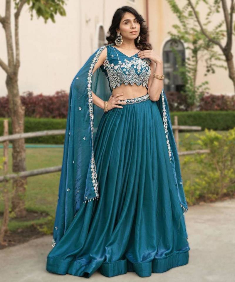 teal blue silk blend plain Lehenga set
