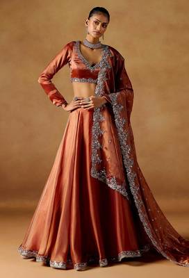 rust sequins zari embroidered jimmy choo designer semi stitched lehenga choli 1