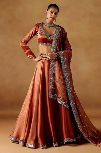 RUST SEQUINS ZARI EMBROIDERED JIMMY CHOO DESIGNER WEDDING & PARTY WEAR FESTIVAL SEMI STITCHED LEHENGA CHOLI FOR WOMEN'S