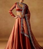 RUST SEQUINS ZARI EMBROIDERED JIMMY CHOO DESIGNER WEDDING & PARTY WEAR FESTIVAL SEMI STITCHED LEHENGA CHOLI FOR WOMEN'S