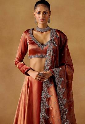 rust sequins zari embroidered jimmy choo designer semi stitched lehenga choli 3
