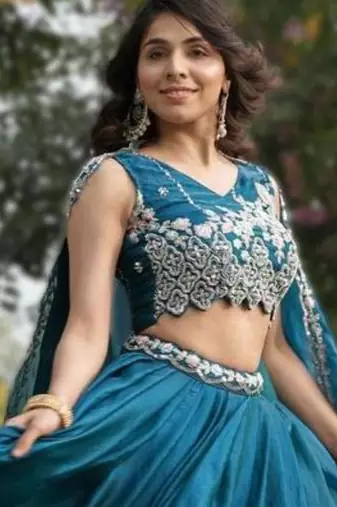 teal blue silk blend plain Lehenga set