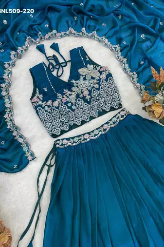 teal blue silk blend plain Lehenga set